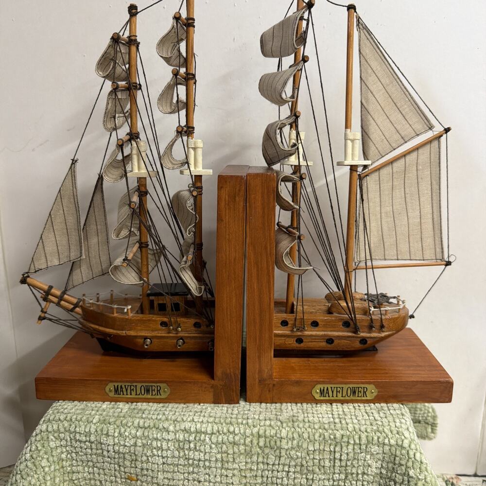 Vintage Wooden Ship Bookends Nautical Sailboat Model Wood Brass Maritime Decor